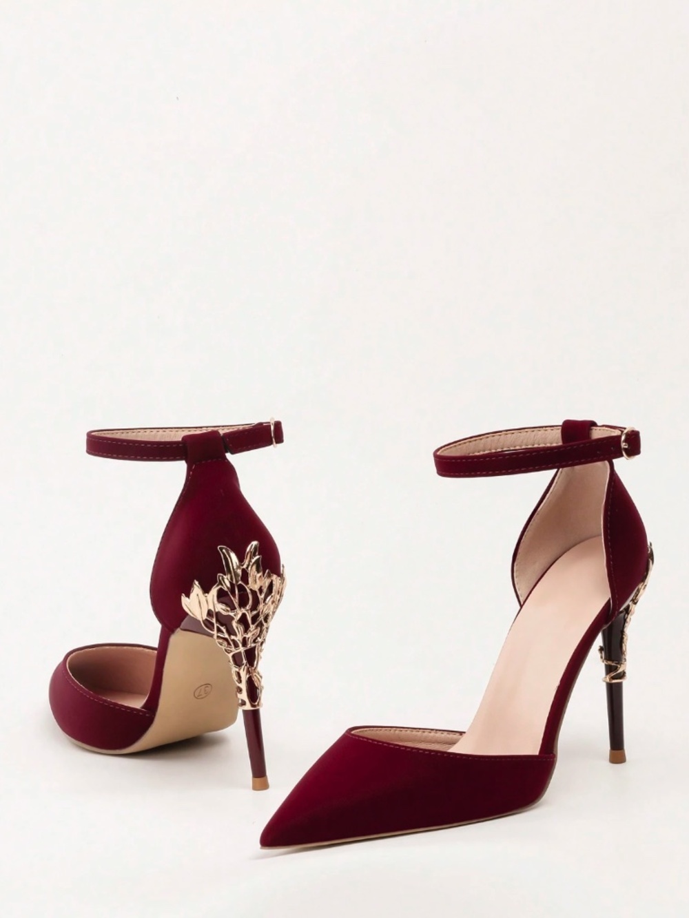 Burgundy High Heel Shoes Embellished Metal Faux Gold Detail Ankle Strap, Pointed